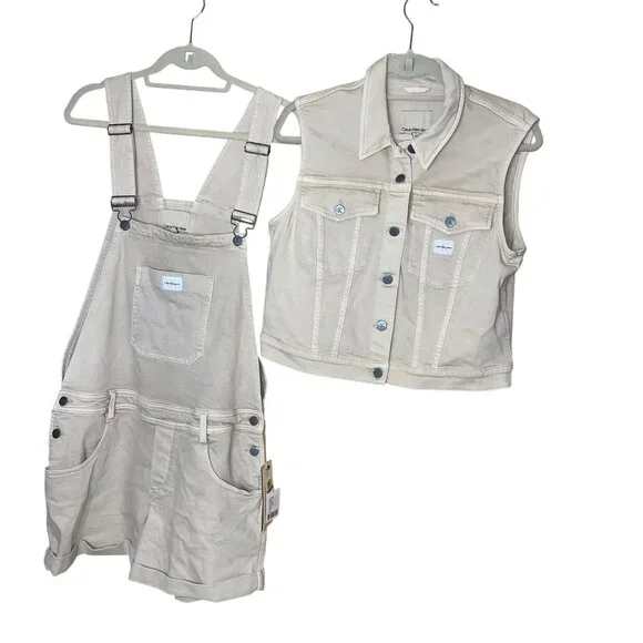 Calvin Klein Womens Overalls Vest Set Beige Size Large Cuffed Shorts Bib Y2K - Picture 1 of 15